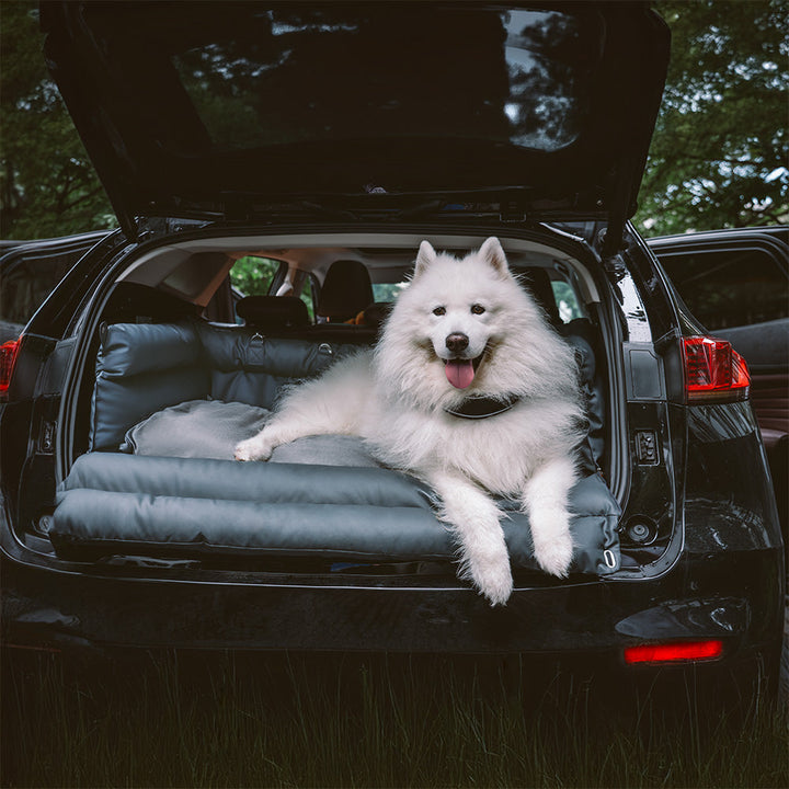 Deluxe hundeautostol i kunstlæder, tofarvet, rummelig, til mellemstore til store hunde, med plys og skridsikker bund