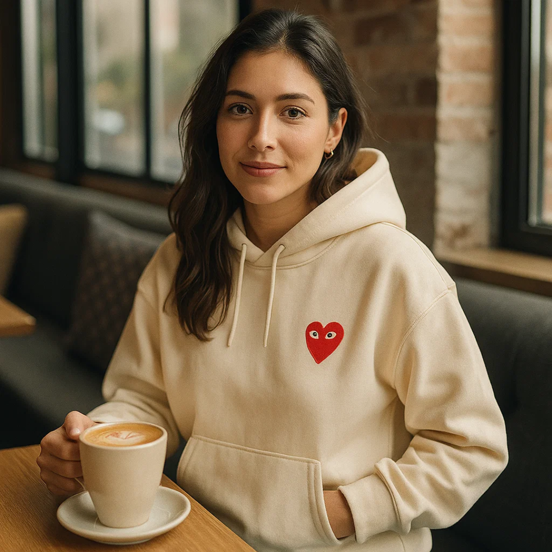 Elegant kvinders hjertesweater på bøjle, fremviser blød tekstur og stilrent design til kvindemode.