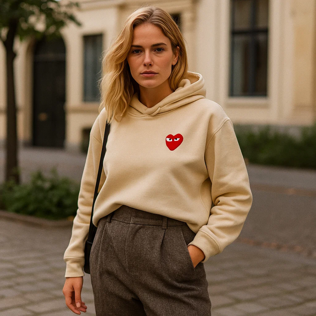 Sideprofil af model i en komfortabel og stilfuld hjertesweater, perfekt til moderne kvindemode.