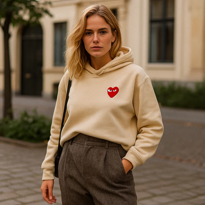 Sideprofil af model i en komfortabel og stilfuld hjertesweater, perfekt til moderne kvindemode.
