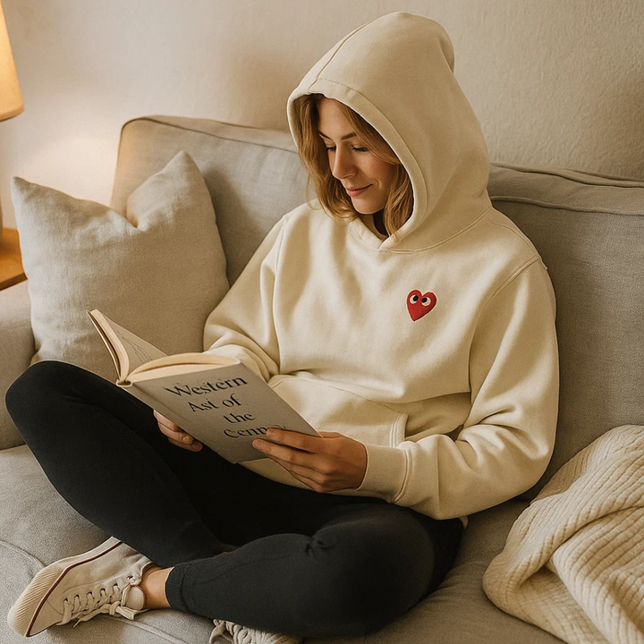Nærbillede af den bløde tekstur på en komfortabel kvinders hjertesweater, elegant og varm.