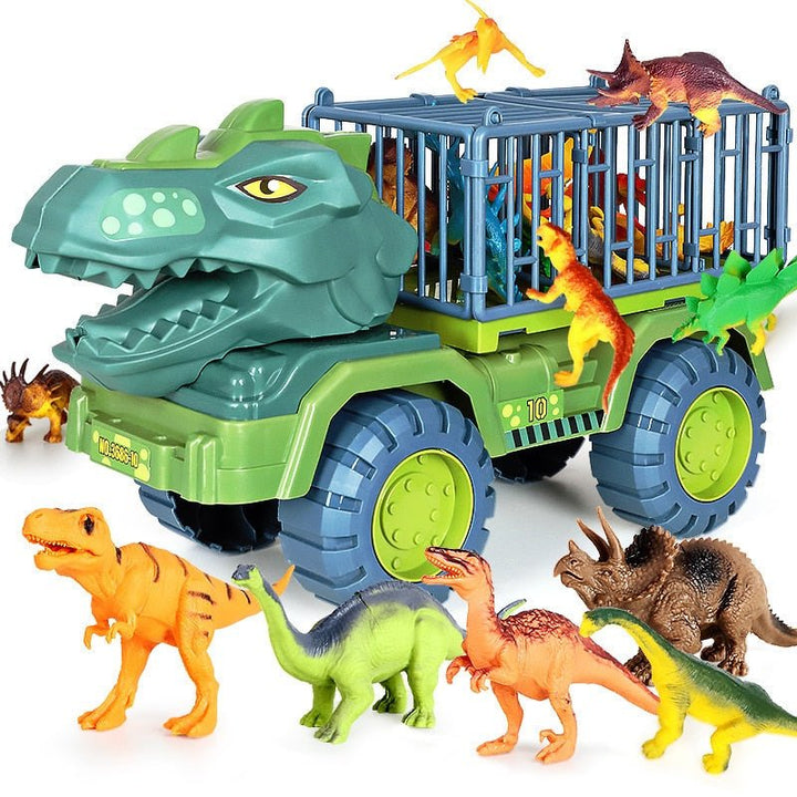Børn leger med pædagogisk dinosaur-legetøj; inkluderer figurer og køretøj for fantasifuld udforskning og rollespil.