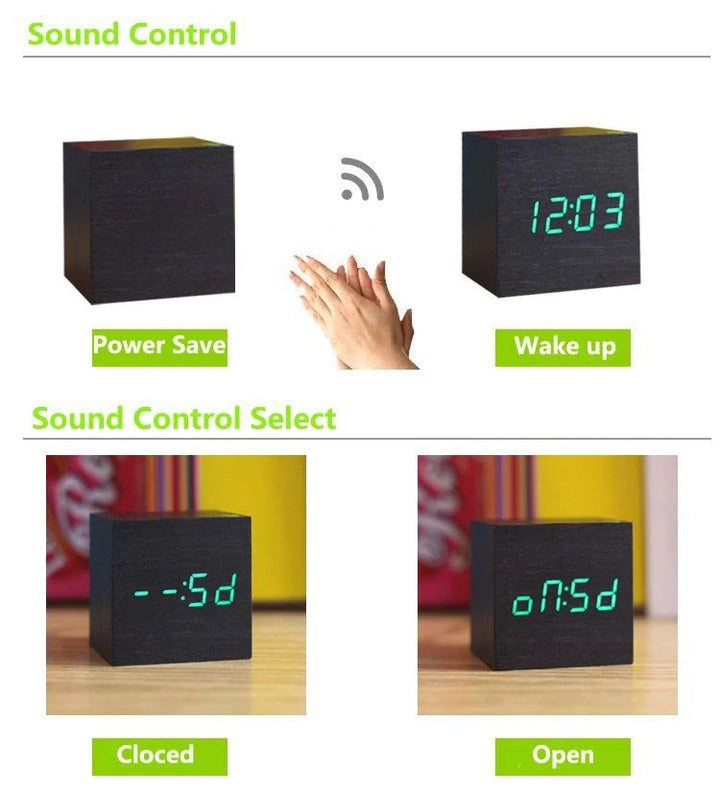 Digital bordur i moderne, minimalistisk terningdesign af træ, ideel til skrivebord eller hylde, med kompakt størrelse.