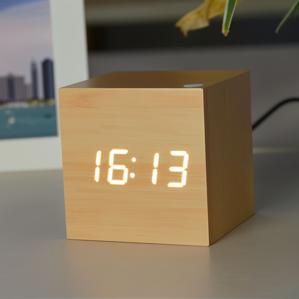 Moderne digitalt LED kubeur i sort design med tydelig tids- og temperaturvisning.