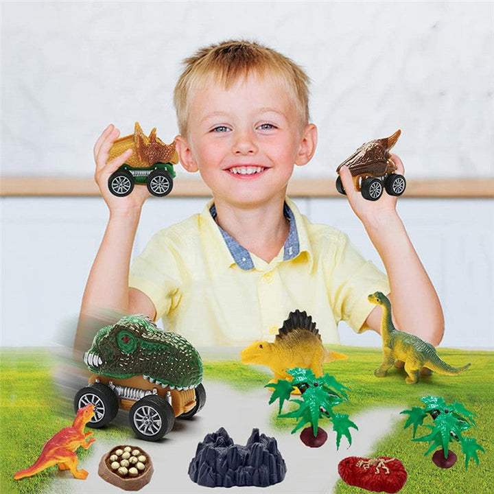Dinosaurie-transportør legetøj til børn, farverig lastbilfront i Triceratops-form med mini-dinoer og robust design.