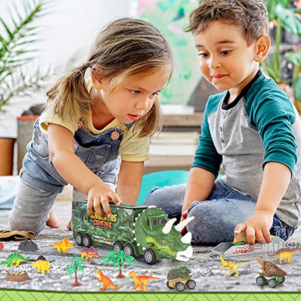 Dinosaurie-transportør legetøj til børn, farverig lastbilfront i Triceratops-form med mini-dinoer og robust design.
