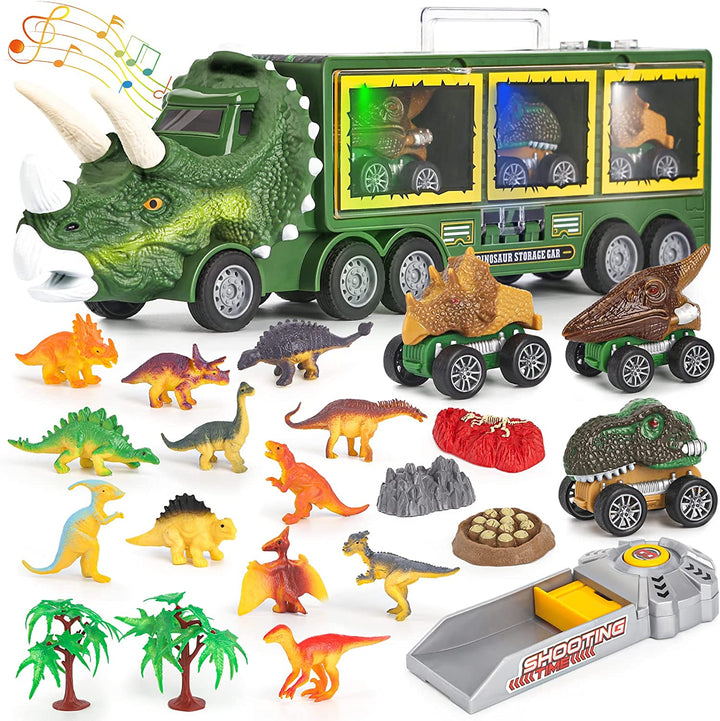 Dinosaurie-transportør legetøj til børn, farverig lastbilfront i Triceratops-form med mini-dinoer og robust design.