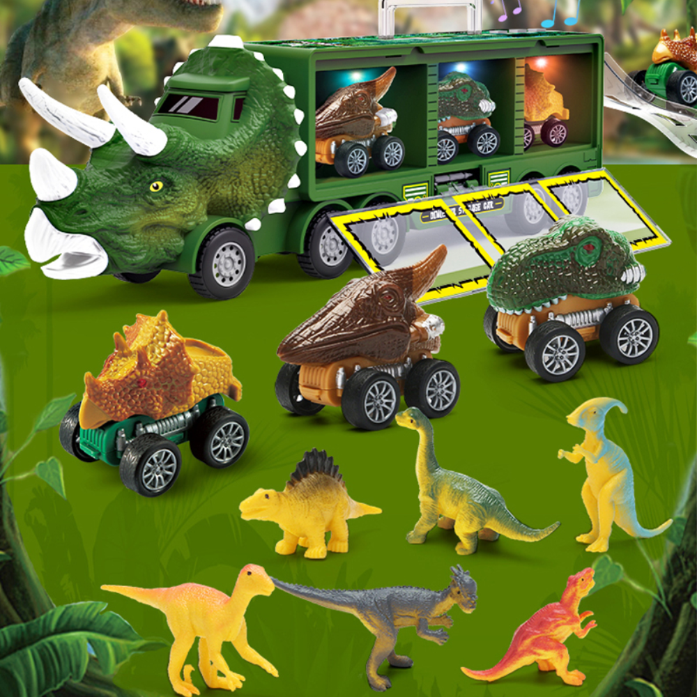 Dinosaurie-transportør legetøj til børn, farverig lastbilfront i Triceratops-form med mini-dinoer og robust design.