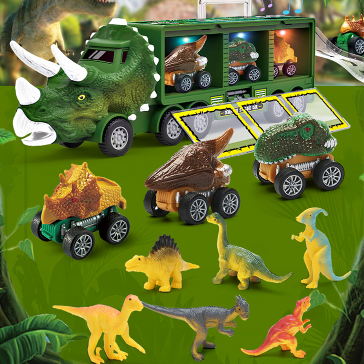 Dinosaurie-transportør legetøj til børn, farverig lastbilfront i Triceratops-form med mini-dinoer og robust design.