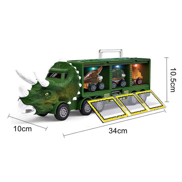 Dinosaurie-transportør legetøj til børn, farverig lastbilfront i Triceratops-form med mini-dinoer og robust design.