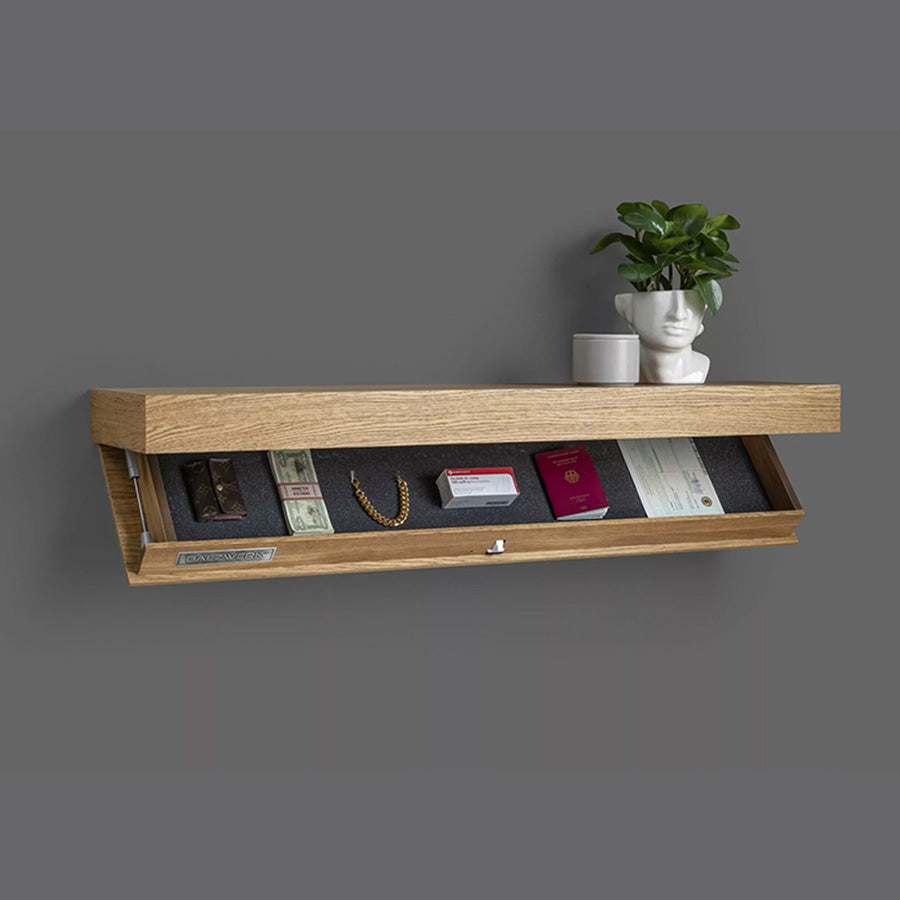 Elegant træhylde med diskret design og skjult rum. En minimalistisk svævehylde for moderne boligindretning og sikkerhed.