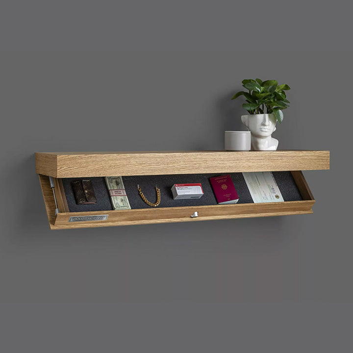 Elegant træhylde med diskret design og skjult rum. En minimalistisk svævehylde for moderne boligindretning og sikkerhed.