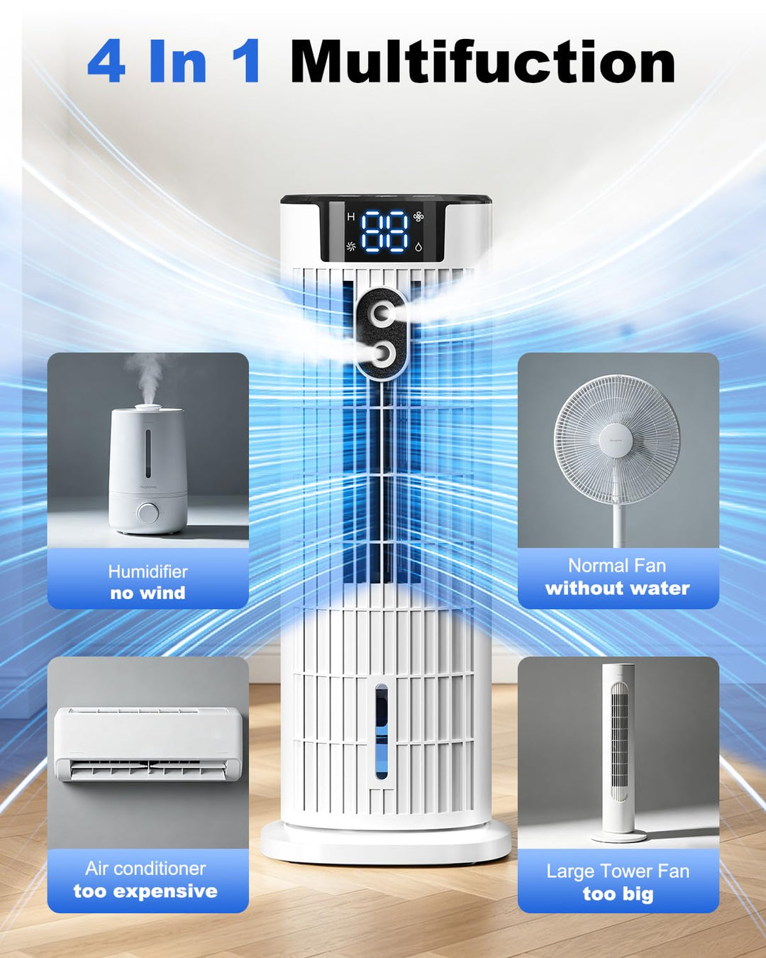 Kompakt bærbar luftkøler for et bedre indeklima. 4-i-1 funktioner: køling, ventilation, fugt og timer.