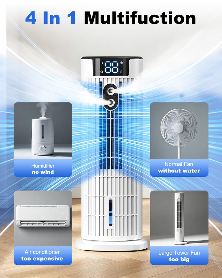 Kompakt bærbar luftkøler for et bedre indeklima. 4-i-1 funktioner: køling, ventilation, fugt og timer.