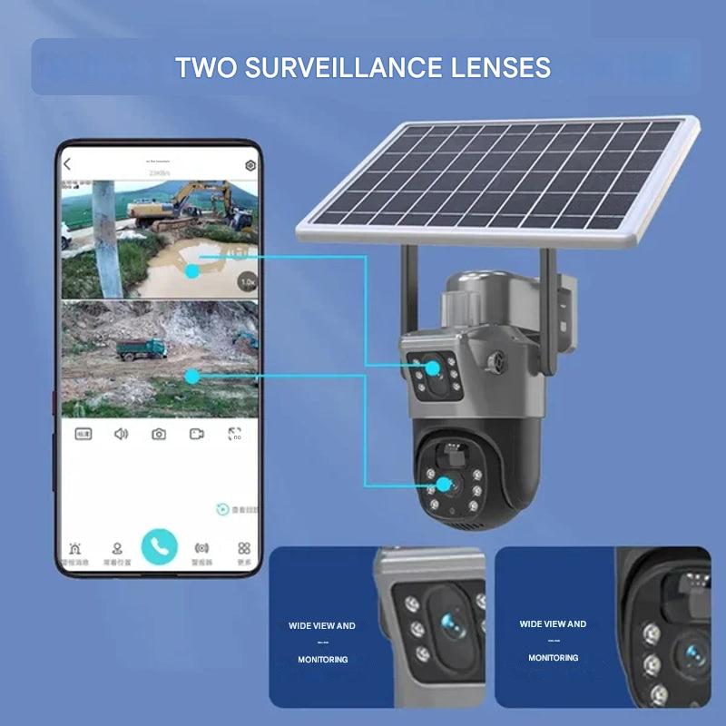Trådløst 4K sikkerhedskamera med solpanel og dobbeltlinse, vejrbestandigt, sidevisning, Teknologi & Gadgets
