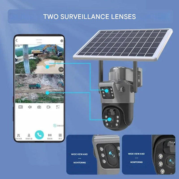 Trådløst 4K sikkerhedskamera med solpanel og dobbeltlinse, vejrbestandigt, sidevisning, Teknologi & Gadgets