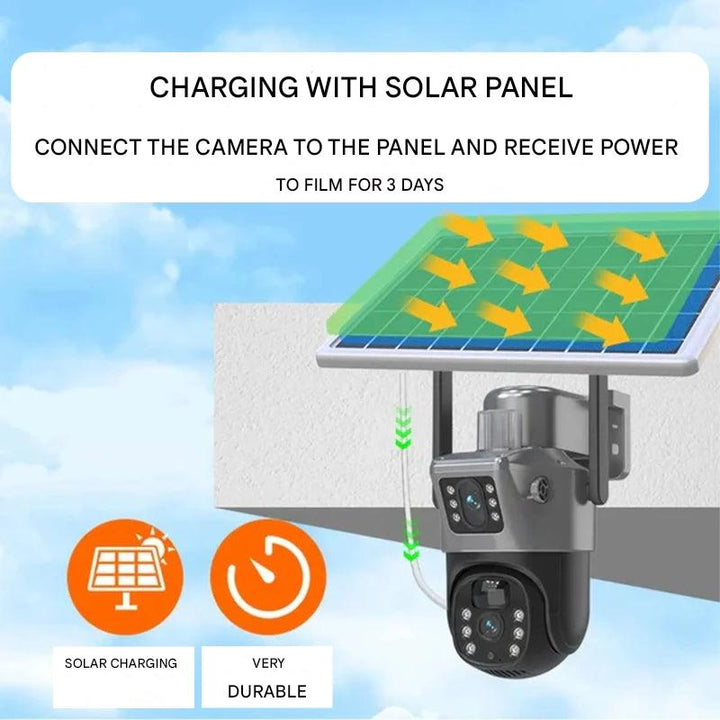 Trådløst 4K sikkerhedskamera med solpanel og dobbeltlinse, vejrbestandigt, sidevisning, Teknologi & Gadgets