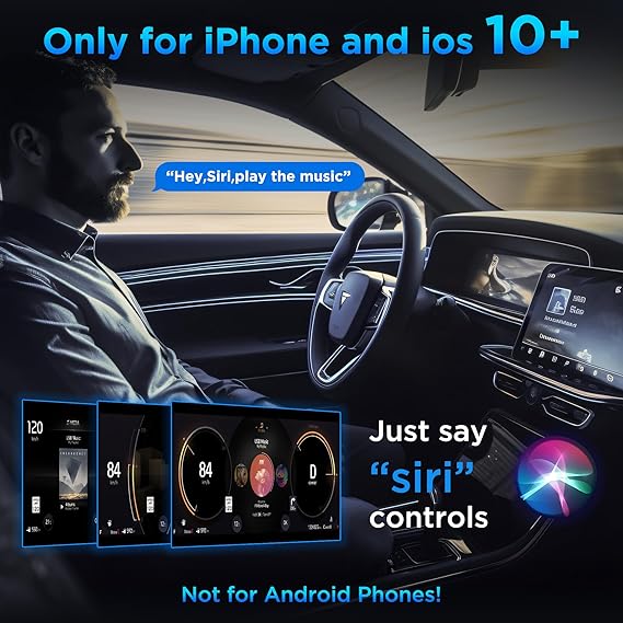 Trådløs CarPlay-adapter i bilens stik med elegant, glanssort design for trådløs forbindelse.
