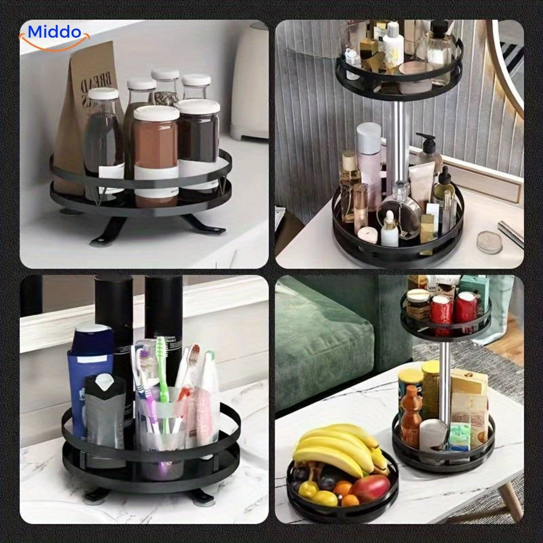 Drejelig, højdejusterbar opbevaringshylde i metal, ideel til køkken eller badeværelse, med moderne design.