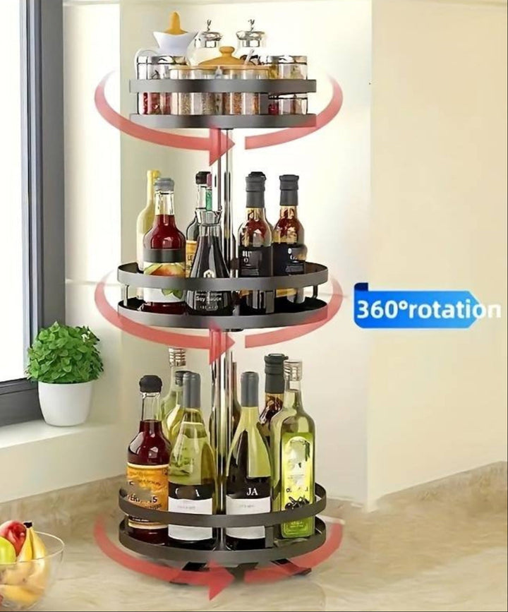 Drejelig, højdejusterbar opbevaringshylde i metal, ideel til køkken eller badeværelse, med moderne design.
