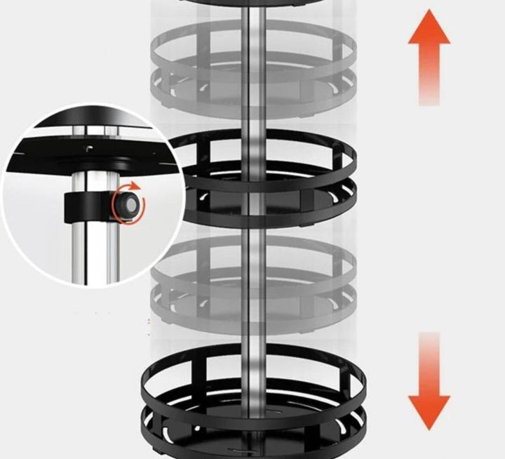 Drejelig, højdejusterbar opbevaringshylde i metal, ideel til køkken eller badeværelse, med moderne design.