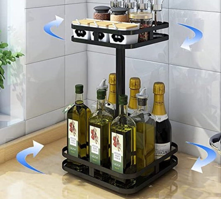Drejelig, højdejusterbar opbevaringshylde i metal, ideel til køkken eller badeværelse, med moderne design.