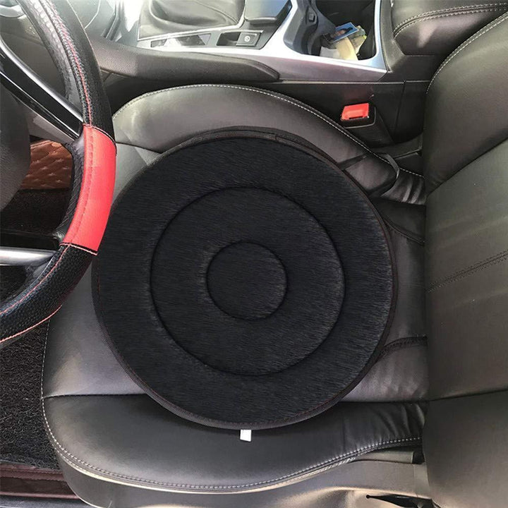 Drejbart sædepude med 360° rotation, ergonomisk memory skum for optimal siddekomfort i bil og hjem.