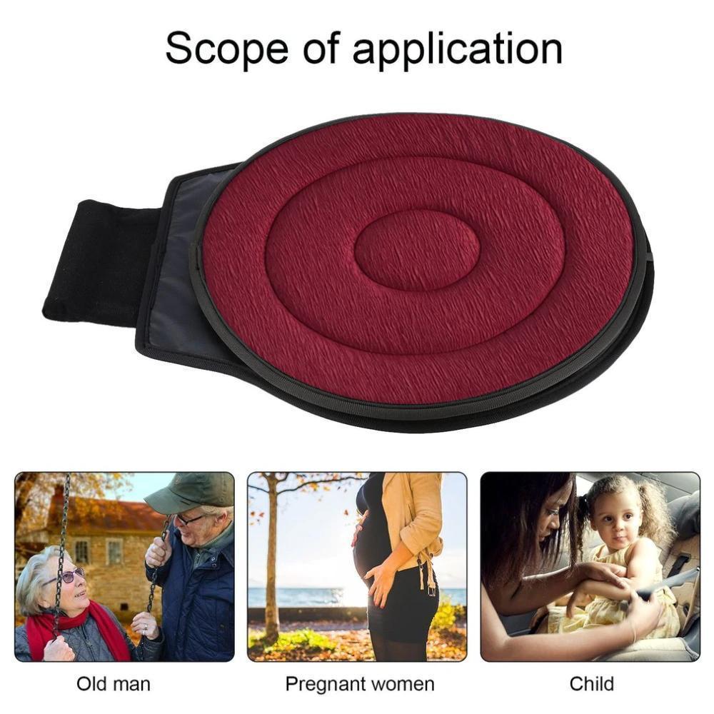 Drejbart sædepude for gravide og seniorer. Giver nem mobilitet, 360° rotation og ergonomisk aflastning i bil og hjem.
