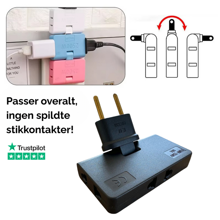 Drejelig stikkontakt med tre udtag til pladsbesparende strømfordeling i hjemmet.