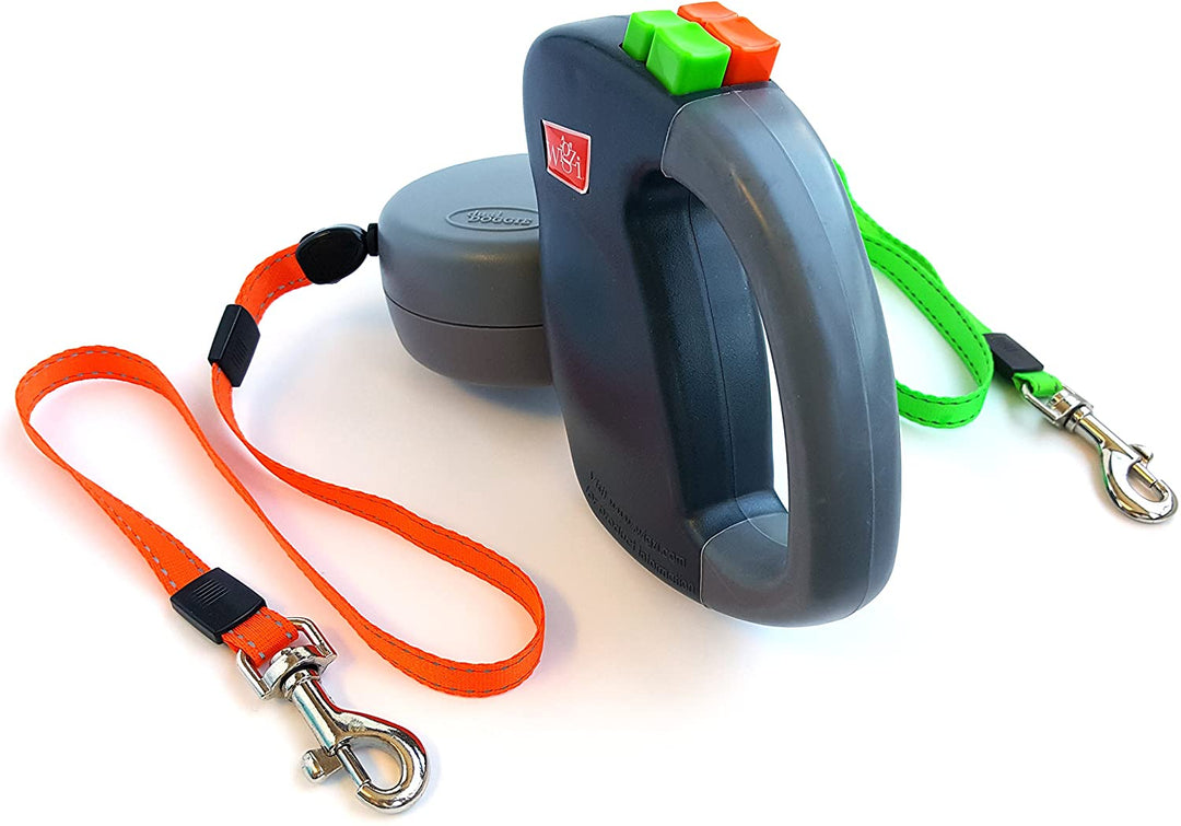 Dobbelt Hundeflexline med 360-graders teknologi, ergonomisk, reflekterende, til to hunde, farvekodede liner