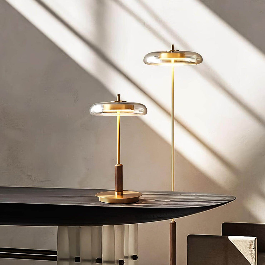 Moderne Designer Bordlampe i Glas, Træ og Metal
