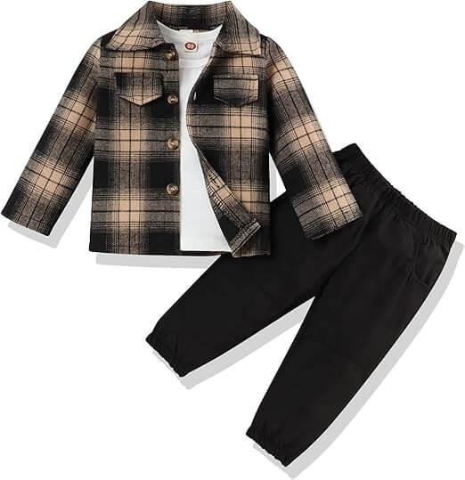 Børne 3-delt Sæt: Flannel Skjorte, T-shirt & Bukser