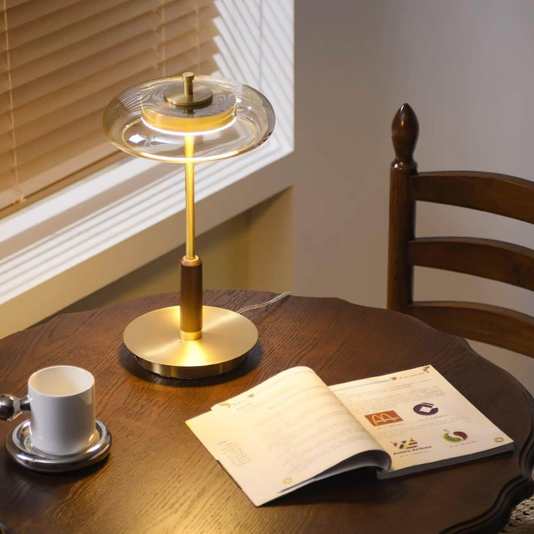 Moderne Designer Bordlampe i Glas, Træ og Metal