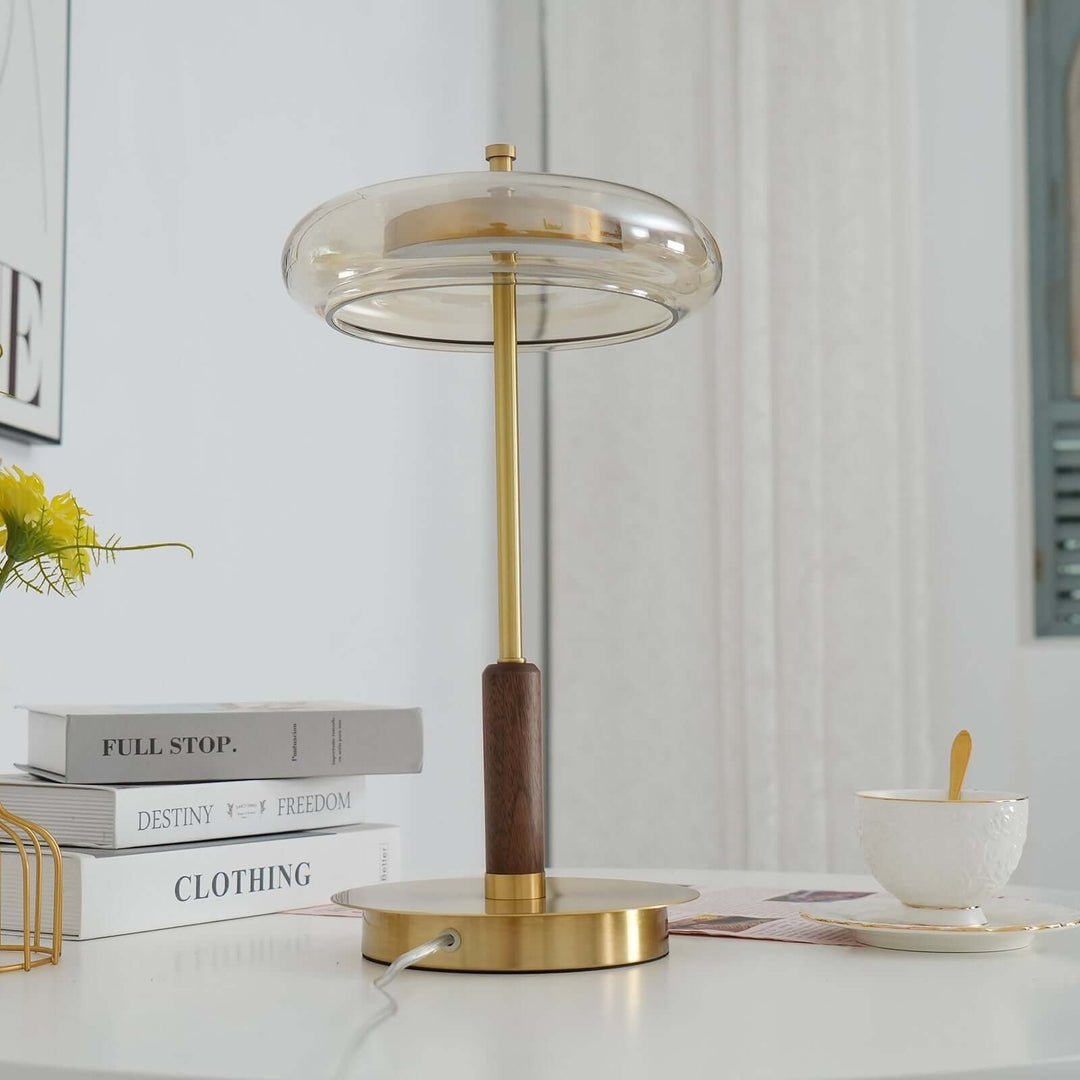 Moderne Designer Bordlampe i Glas, Træ og Metal