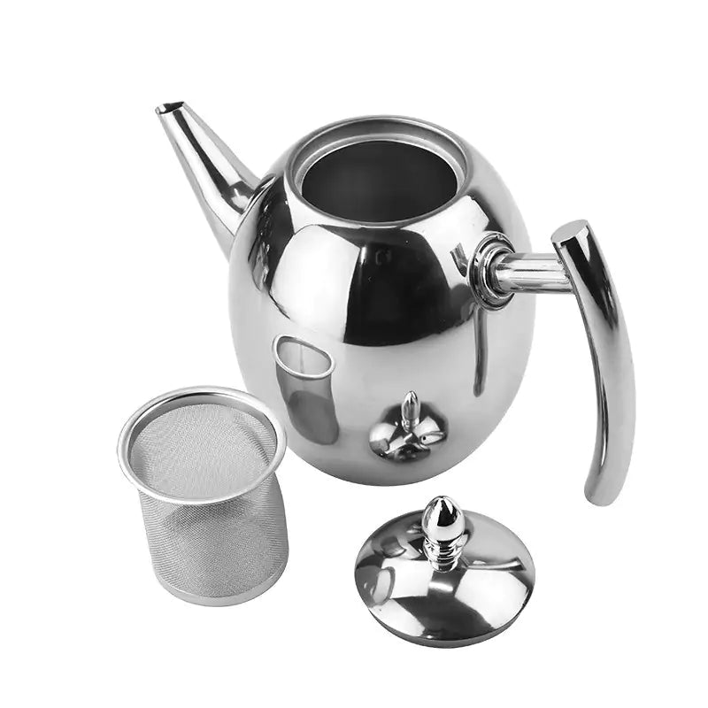 Tekande i rustfrit stål med integreret si, moderne design, holdbar og funktionel til stilfuld tebrygning.