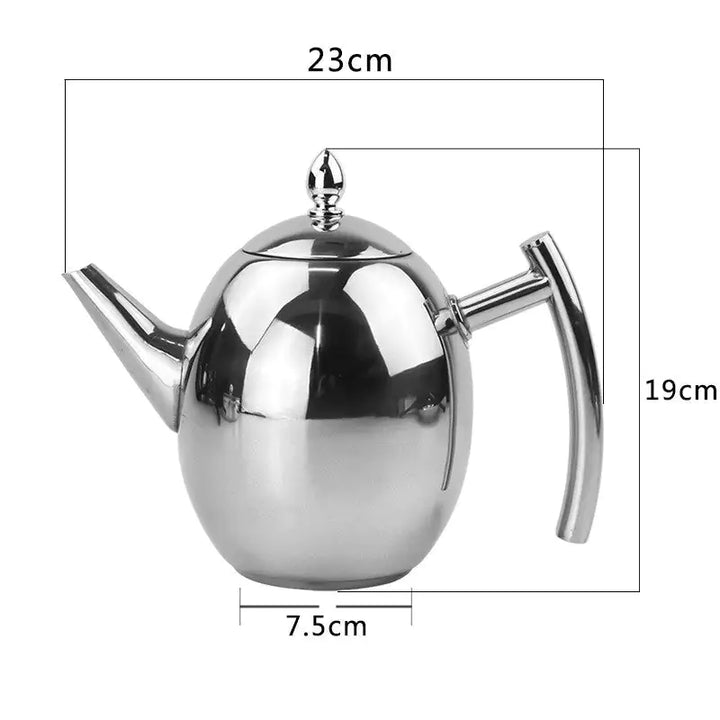 Tekande i rustfrit stål med integreret si, moderne design, holdbar og funktionel til stilfuld tebrygning.