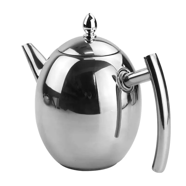 Tekande i rustfrit stål med integreret si, moderne design, holdbar og funktionel til stilfuld tebrygning.