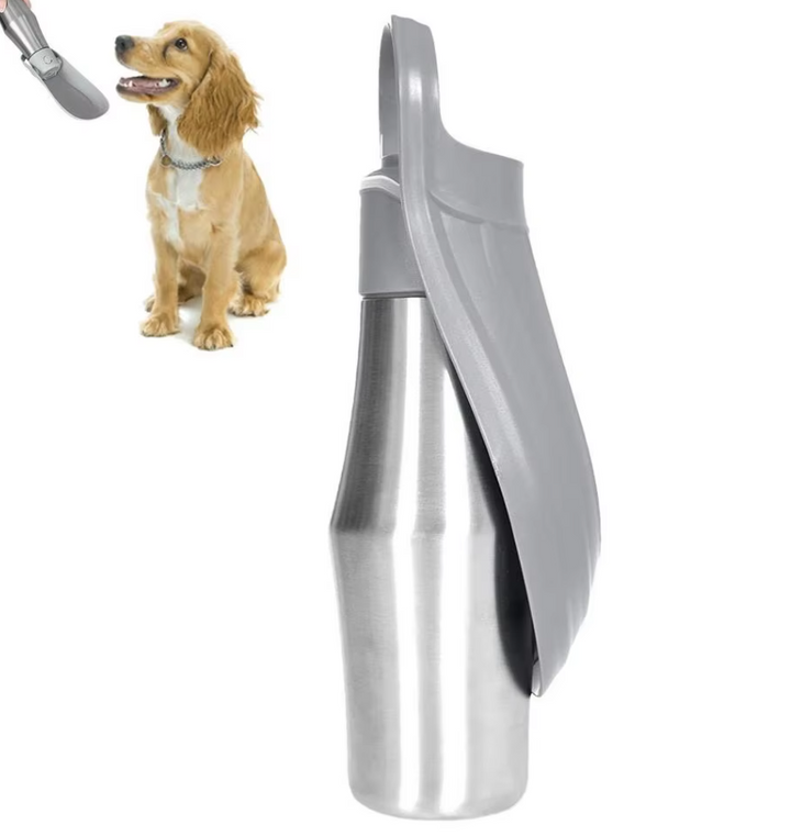 Vandflaske i rustfrit stål til hunde med foldbar skål, perfekt til rejser og udendørs brug.