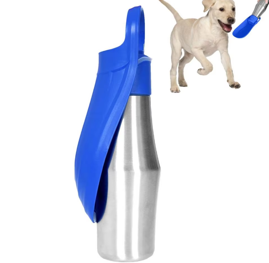 Vandflaske i rustfrit stål til hunde med foldbar skål, perfekt til rejser og udendørs brug.