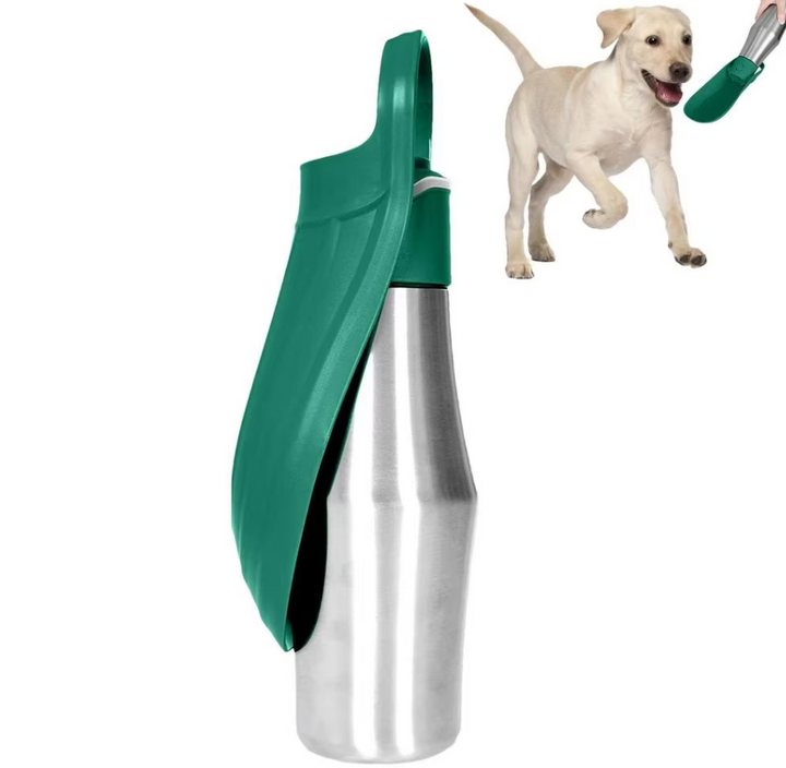 Vandflaske i rustfrit stål til hunde med foldbar skål, perfekt til rejser og udendørs brug.