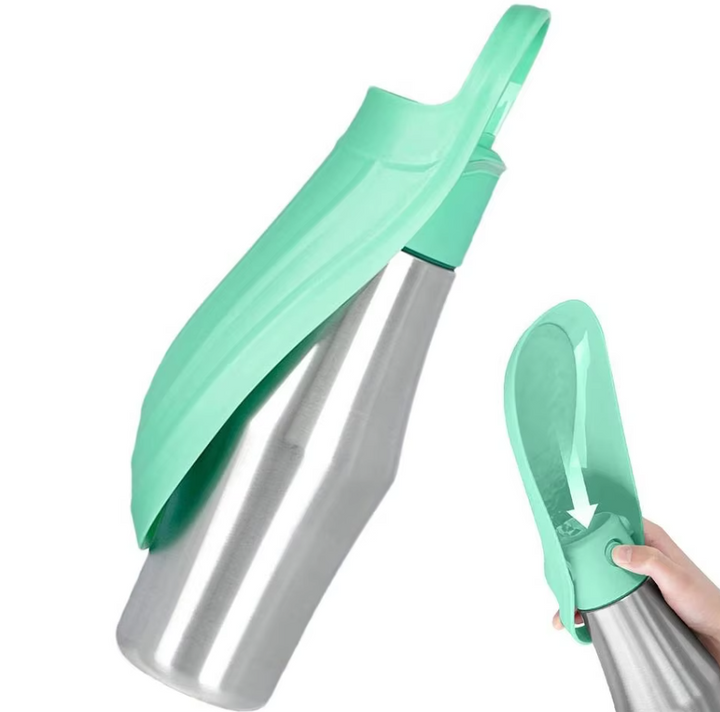Vandflaske i rustfrit stål til hunde med foldbar skål, perfekt til rejser og udendørs brug.