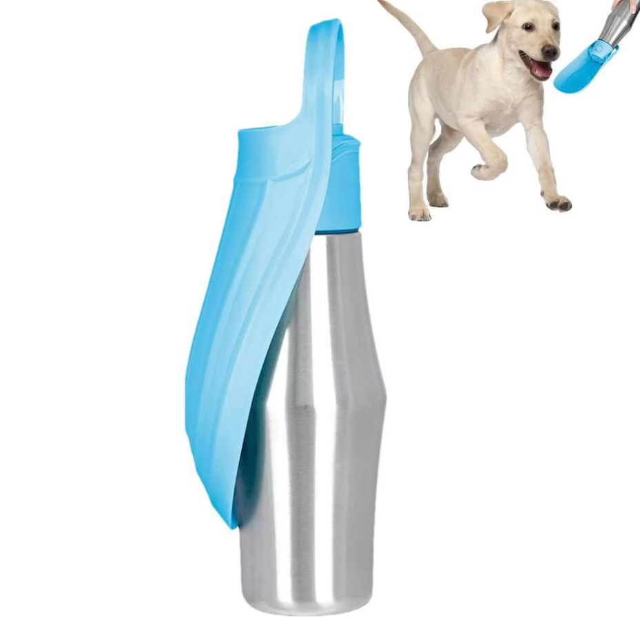 Vandflaske i rustfrit stål til hunde med foldbar skål, perfekt til rejser og udendørs brug.