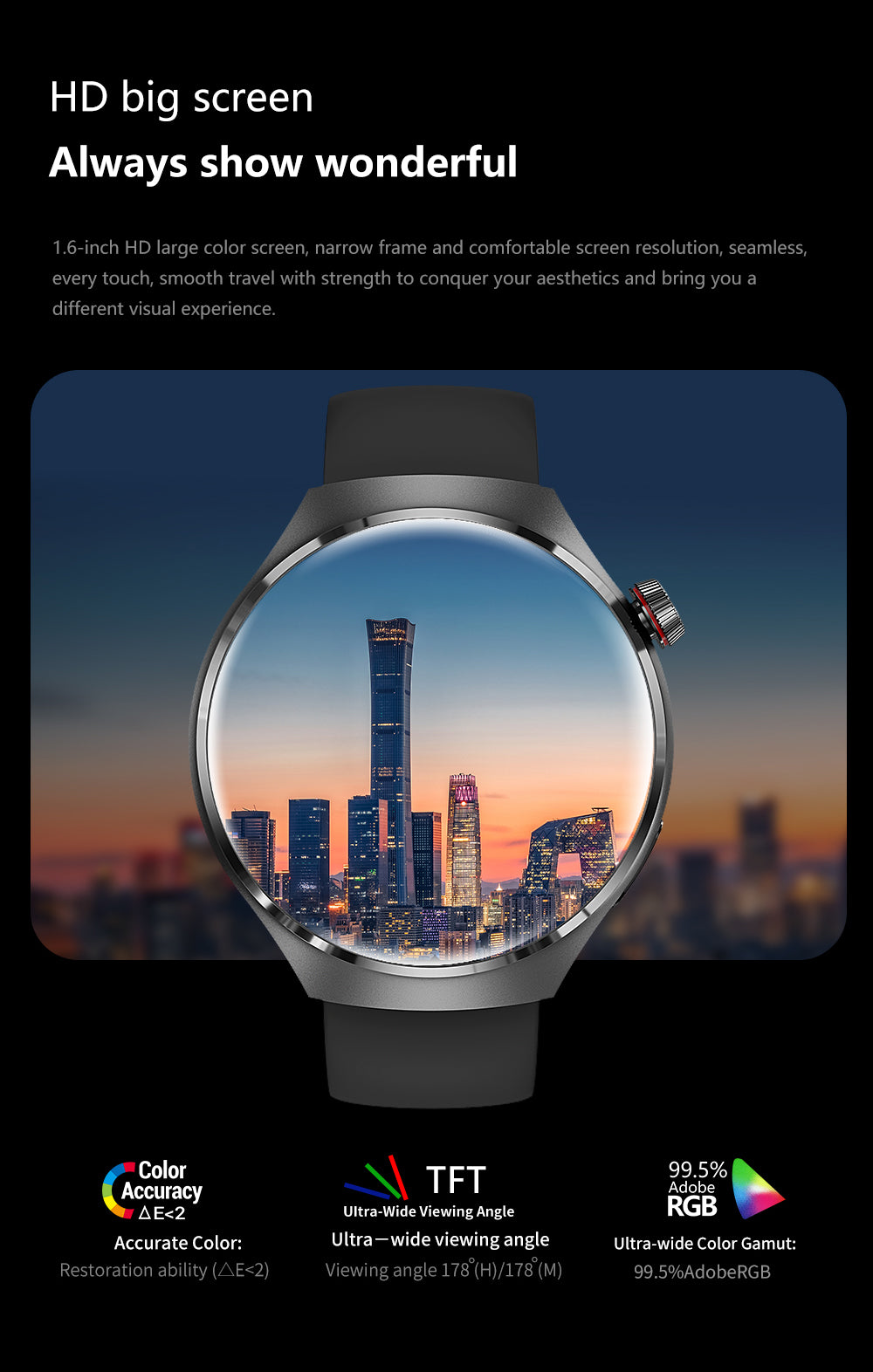 Elegant GT4 Pro Herre Smartwatch, rundt AMOLED display, sort med IP68-beskyttelse, ideel til stilbevidste teknologi-entusiaster.