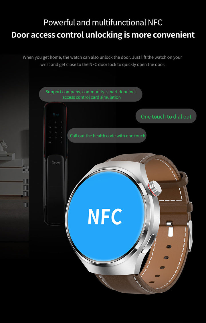 Elegant GT4 Pro Herre Smartwatch, rundt AMOLED display, sort med IP68-beskyttelse, ideel til stilbevidste teknologi-entusiaster.
