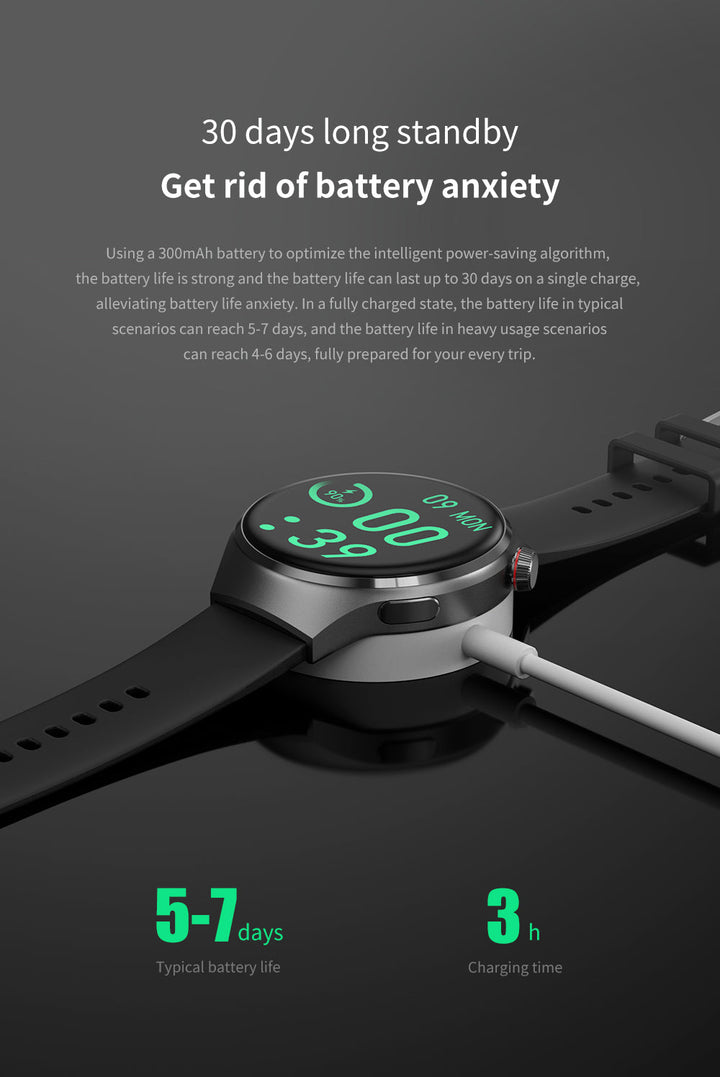 Elegant GT4 Pro Herre Smartwatch, rundt AMOLED display, sort med IP68-beskyttelse, ideel til stilbevidste teknologi-entusiaster.