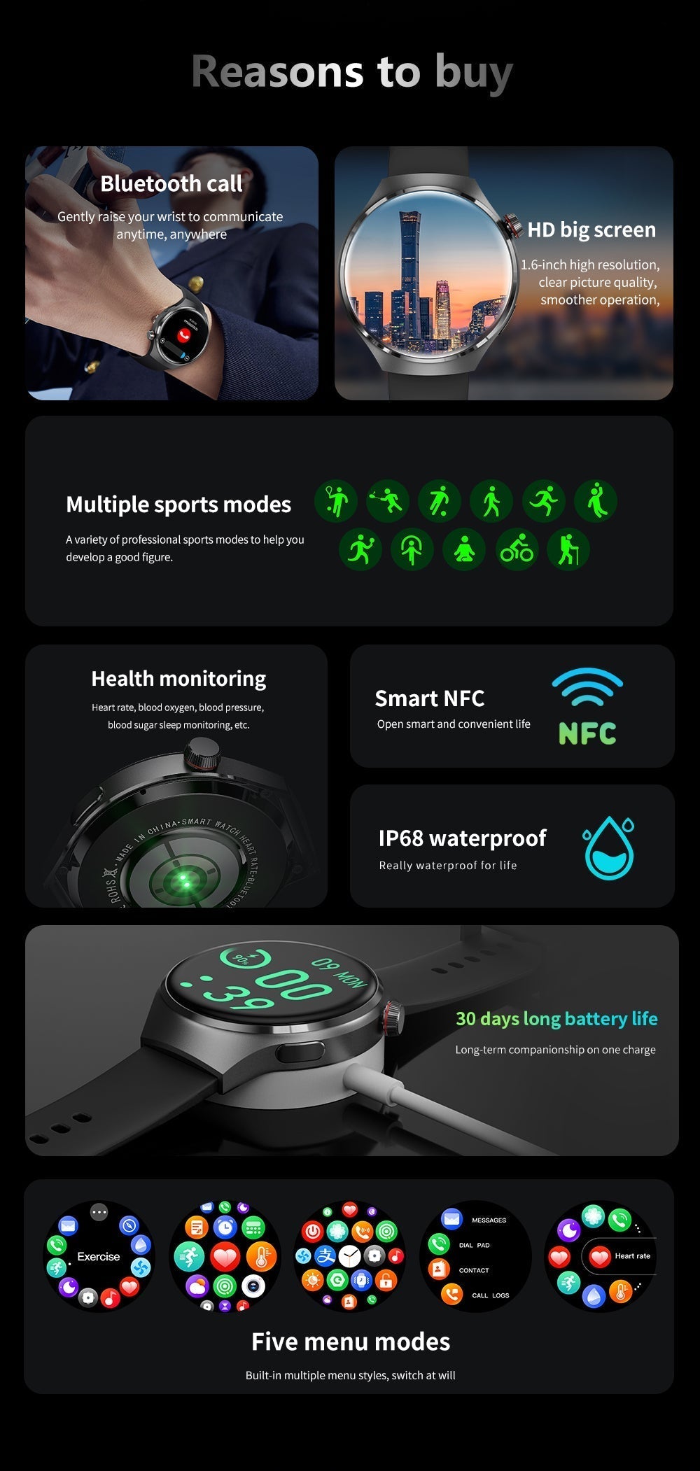 Elegant GT4 Pro Herre Smartwatch, rundt AMOLED display, sort med IP68-beskyttelse, ideel til stilbevidste teknologi-entusiaster.