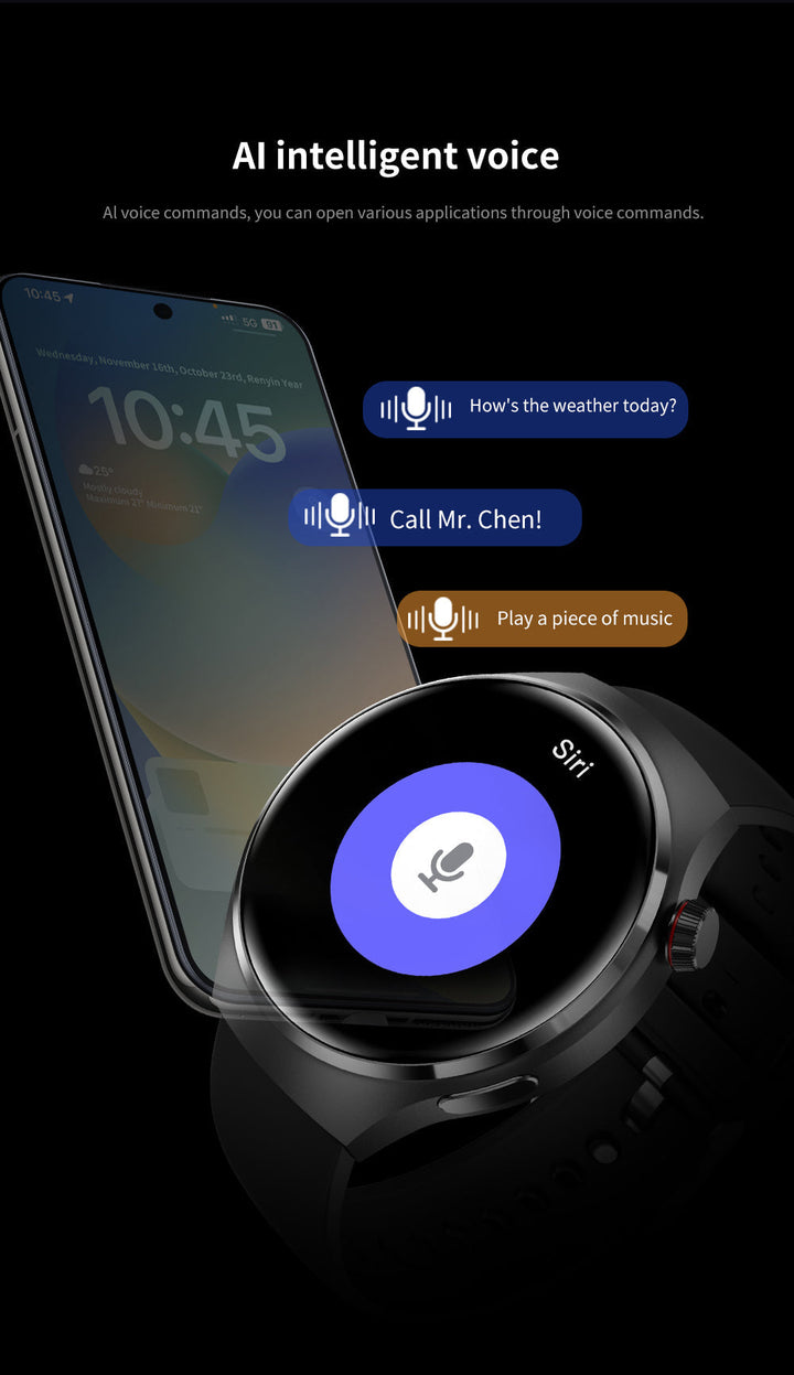 Elegant GT4 Pro Herre Smartwatch, rundt AMOLED display, sort med IP68-beskyttelse, ideel til stilbevidste teknologi-entusiaster.