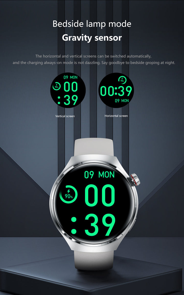Elegant GT4 Pro Herre Smartwatch, rundt AMOLED display, sort med IP68-beskyttelse, ideel til stilbevidste teknologi-entusiaster.