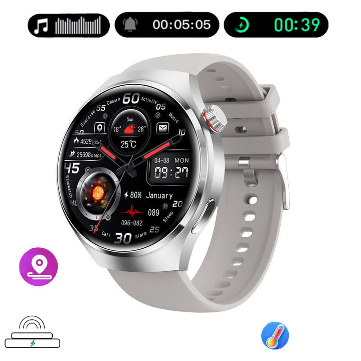 Elegant GT4 Pro Herre Smartwatch, rundt AMOLED display, sort med IP68-beskyttelse, ideel til stilbevidste teknologi-entusiaster.