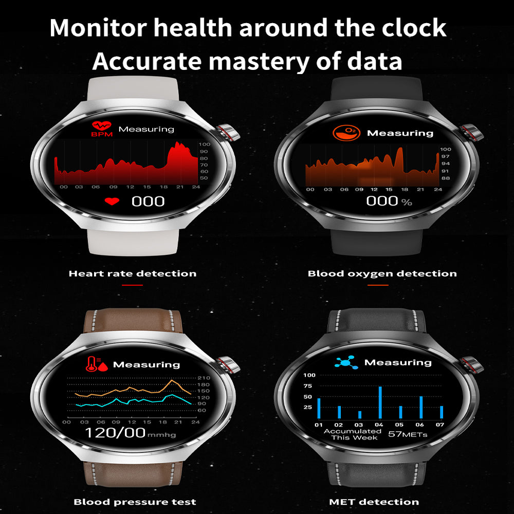 Elegant GT4 Pro Herre Smartwatch, rundt AMOLED display, sort med IP68-beskyttelse, ideel til stilbevidste teknologi-entusiaster.